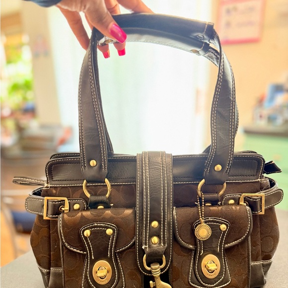 Coach Handbags - Coach Brown Signature Canvas Shoulder Bag with Gold Hardware